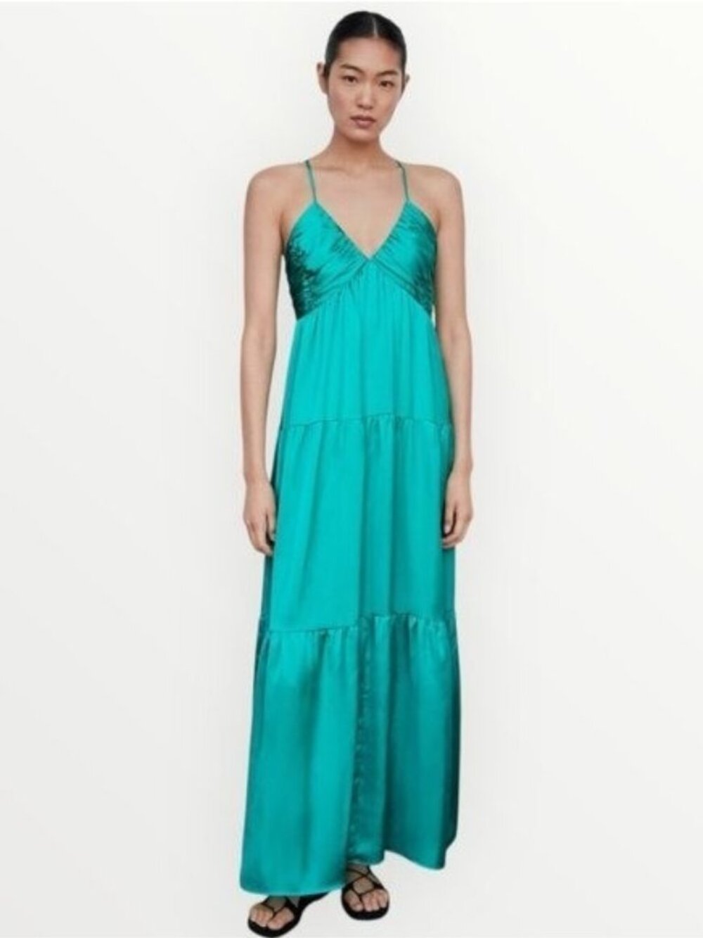 🛍 Mango Ruched Satin Maxi Dress inTurquoise